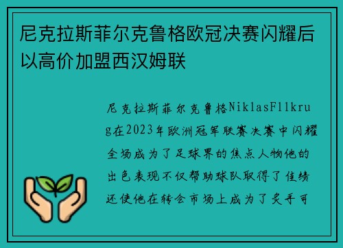 尼克拉斯菲尔克鲁格欧冠决赛闪耀后以高价加盟西汉姆联
