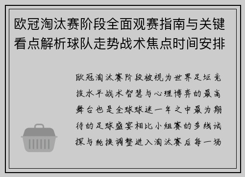 欧冠淘汰赛阶段全面观赛指南与关键看点解析球队走势战术焦点时间安排
