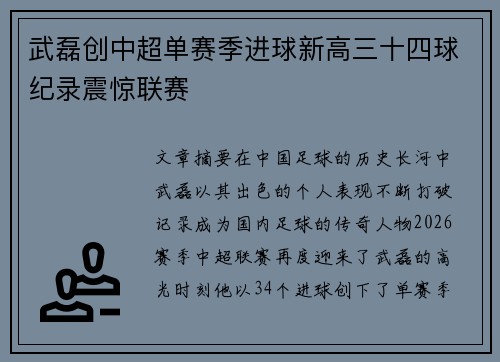 武磊创中超单赛季进球新高三十四球纪录震惊联赛 武磊创中超单赛季进球新高三十四球纪录震惊联赛